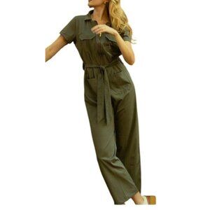 Albion Jumpsuit Womens XL Olive Belted Waist Short Sleeves Front Zipper Closure